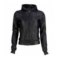 BLACK HOODED BOMBER LAMBSKIN LEATHER JACKET